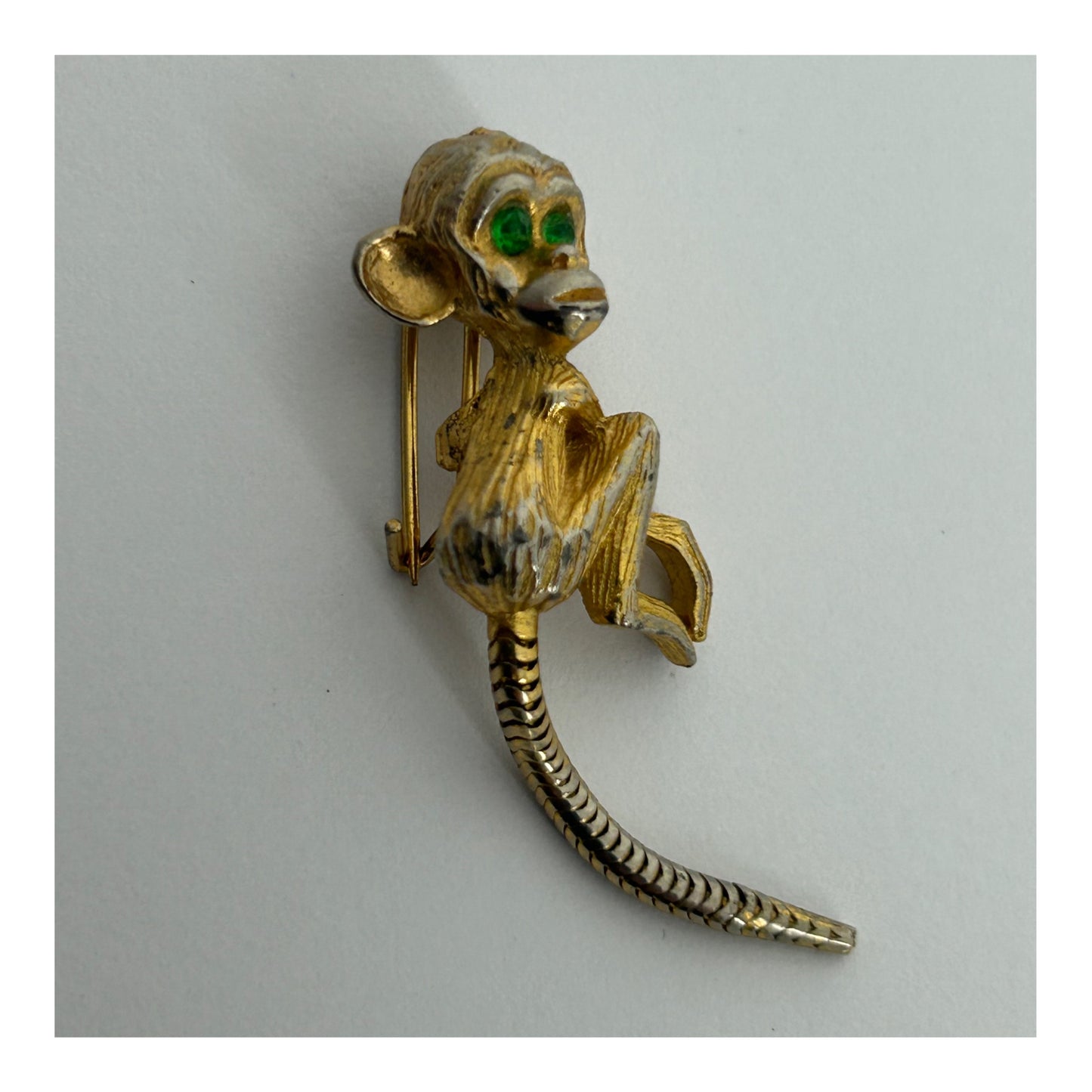 Vintage Gold Tone RARE French Articulated Tail Monkey Brooch With Green Stone Eyes