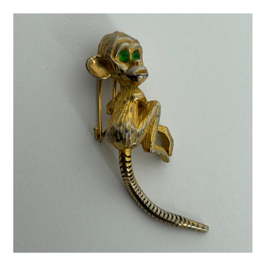 Vintage Gold Tone RARE French Articulated Tail Monkey Brooch With Green Stone Eyes