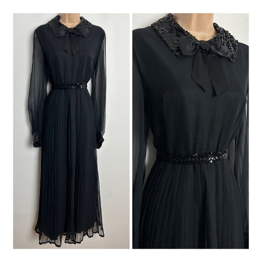 Vintage 1970s EMMA SOMERSET UK Size 14 Black Sequin Trim Bow Detail Long Sleeve Pleated Occasion Evening Maxi Dress