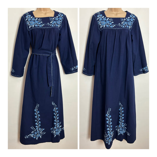 Vintage Late 1960s UK Size 10 Navy Blue Cotton Embroidered Floral Detail Kaftan Or Belted Boho Maxi Dress