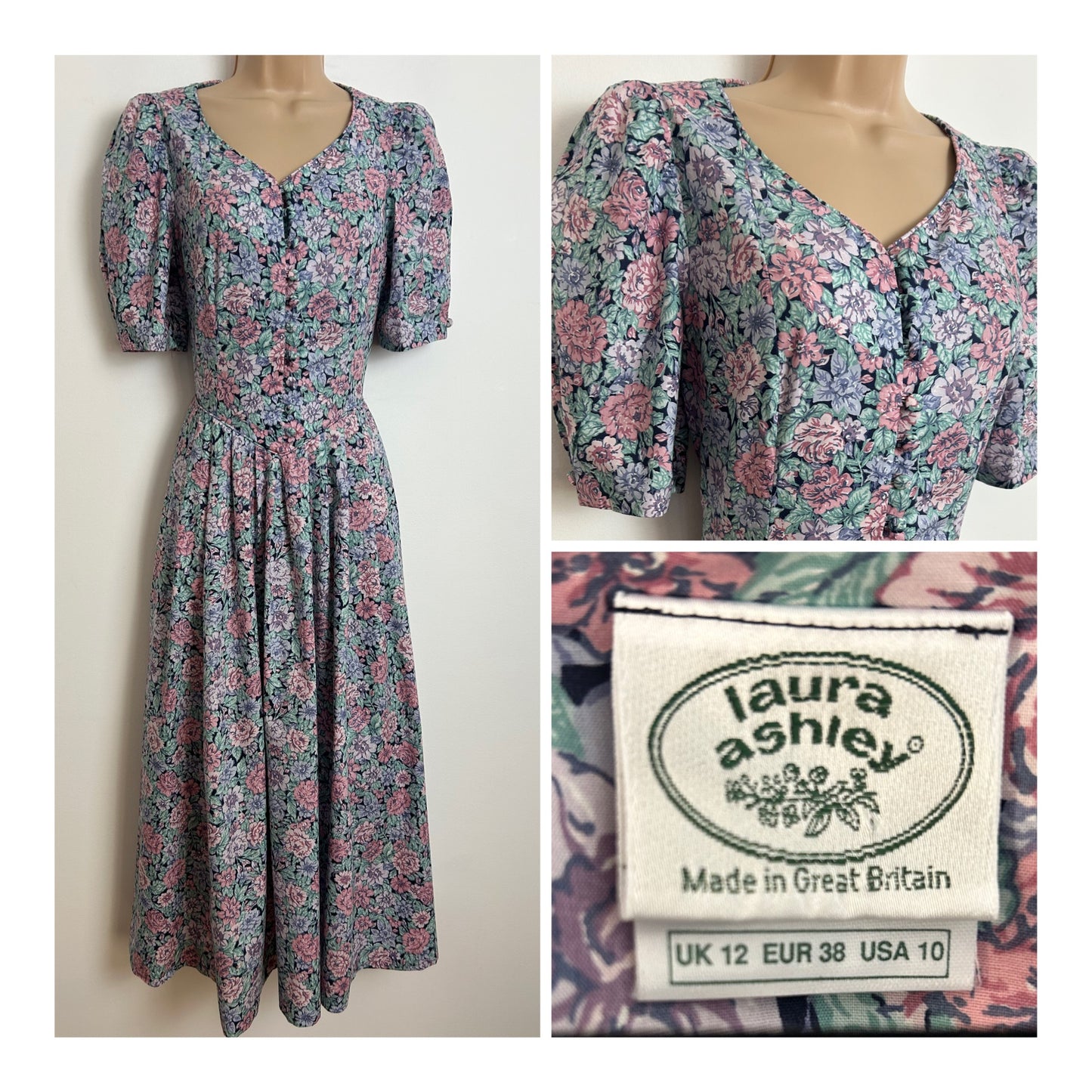 Vintage 80s LAURA ASHLEY Size 8 (12 On Label) Blue Pink & Green Floral Tea Dress