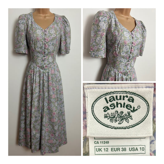 Vintage 1980s LAURA ASHLEY Size 10 (12 On Label) Pale Green & Pink Floral Print Cotton Tea Dress