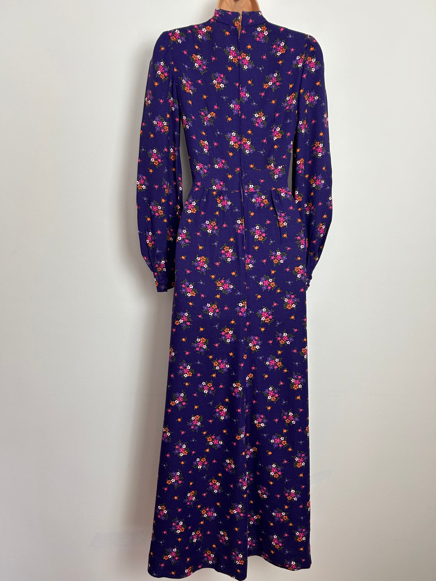 Vintage 1970s Purple Floral Print Brushed Cotton Long Sleeve Prairie Boho Maxi Dress