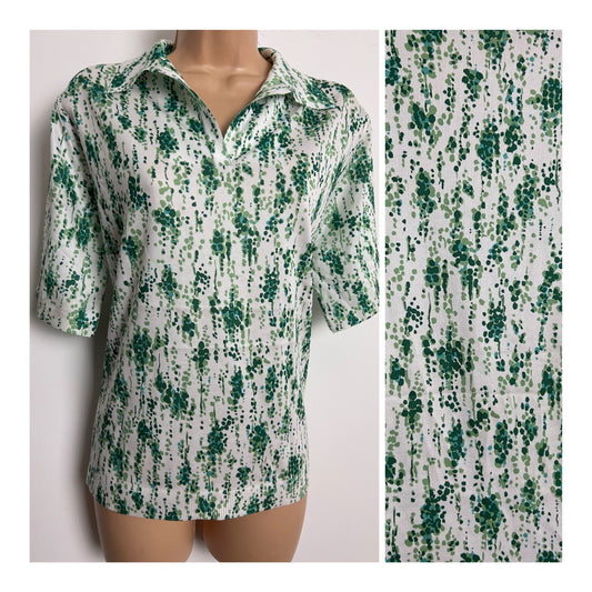 Vintage 1970s Size 16 White & Green Floral Print Short Sleeve Shirt Top