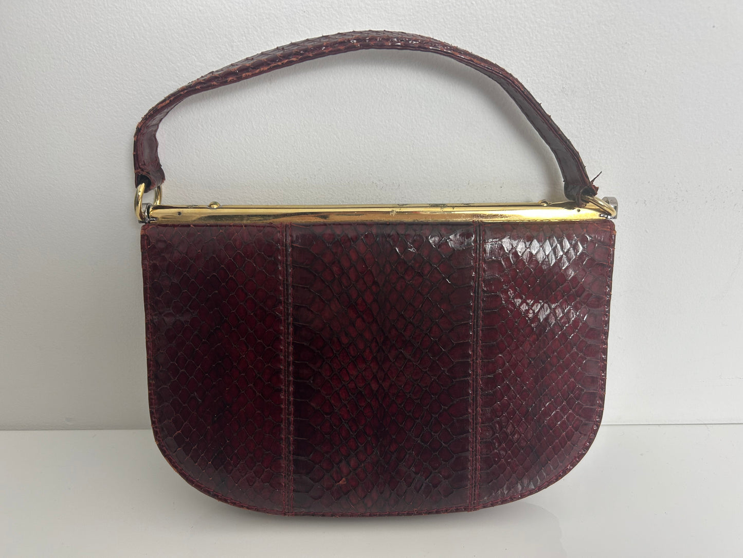 Vintage 1970s MAGLI Made In Italy Red Oxblood Snake Skin Unusual Shaped Handbag