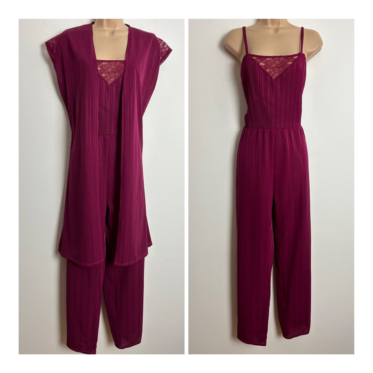 Vintage 1980s INKA MODELL UK Size 14-16 Maroon Plisse Pleated Stripe Lace Trim Jumpsuit & Matching Jacket