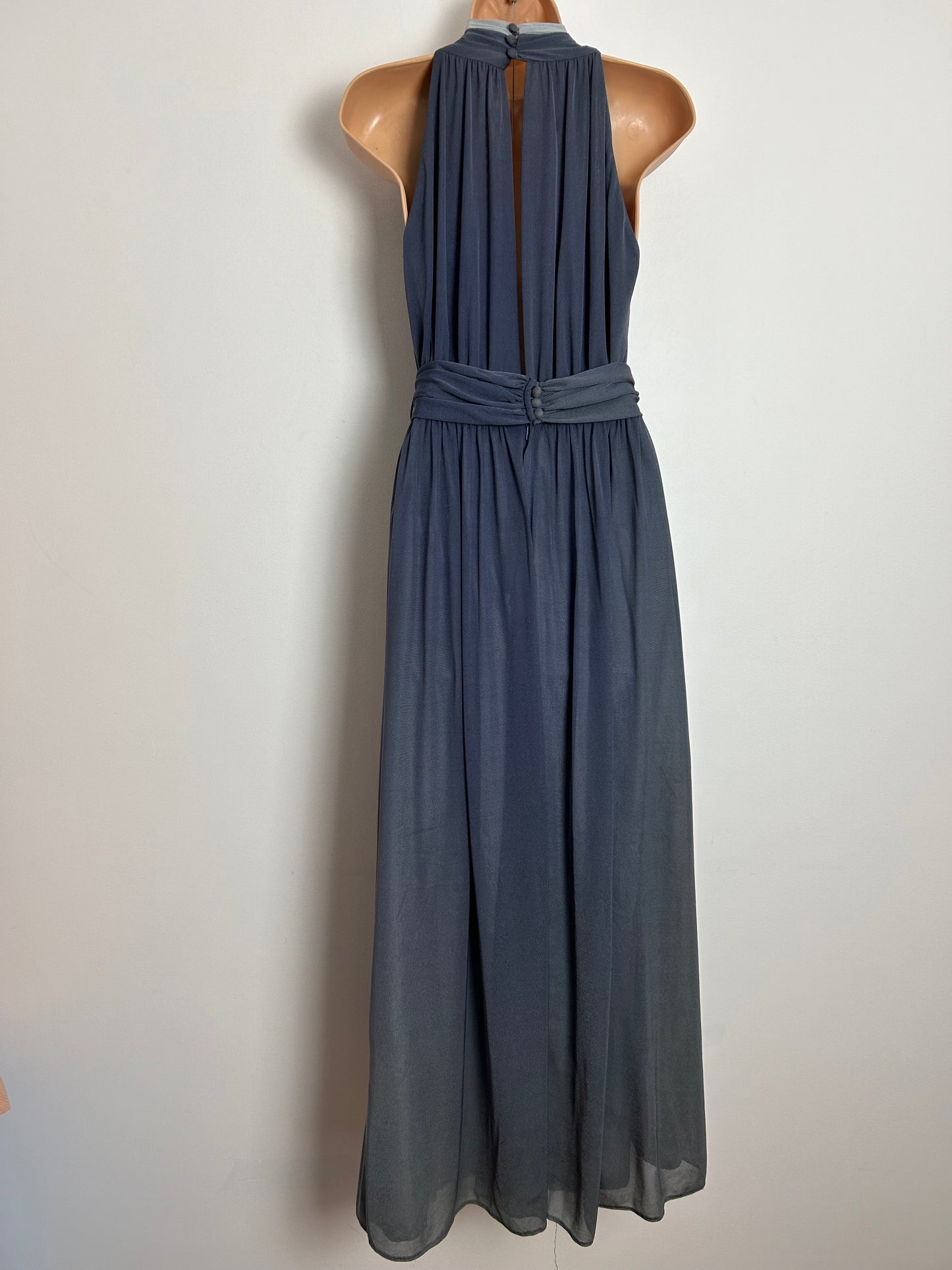 Vintage Late 1970s UK Size 8 Grey Tones Sleeveless Belted Occasion Evening Maxi Dress