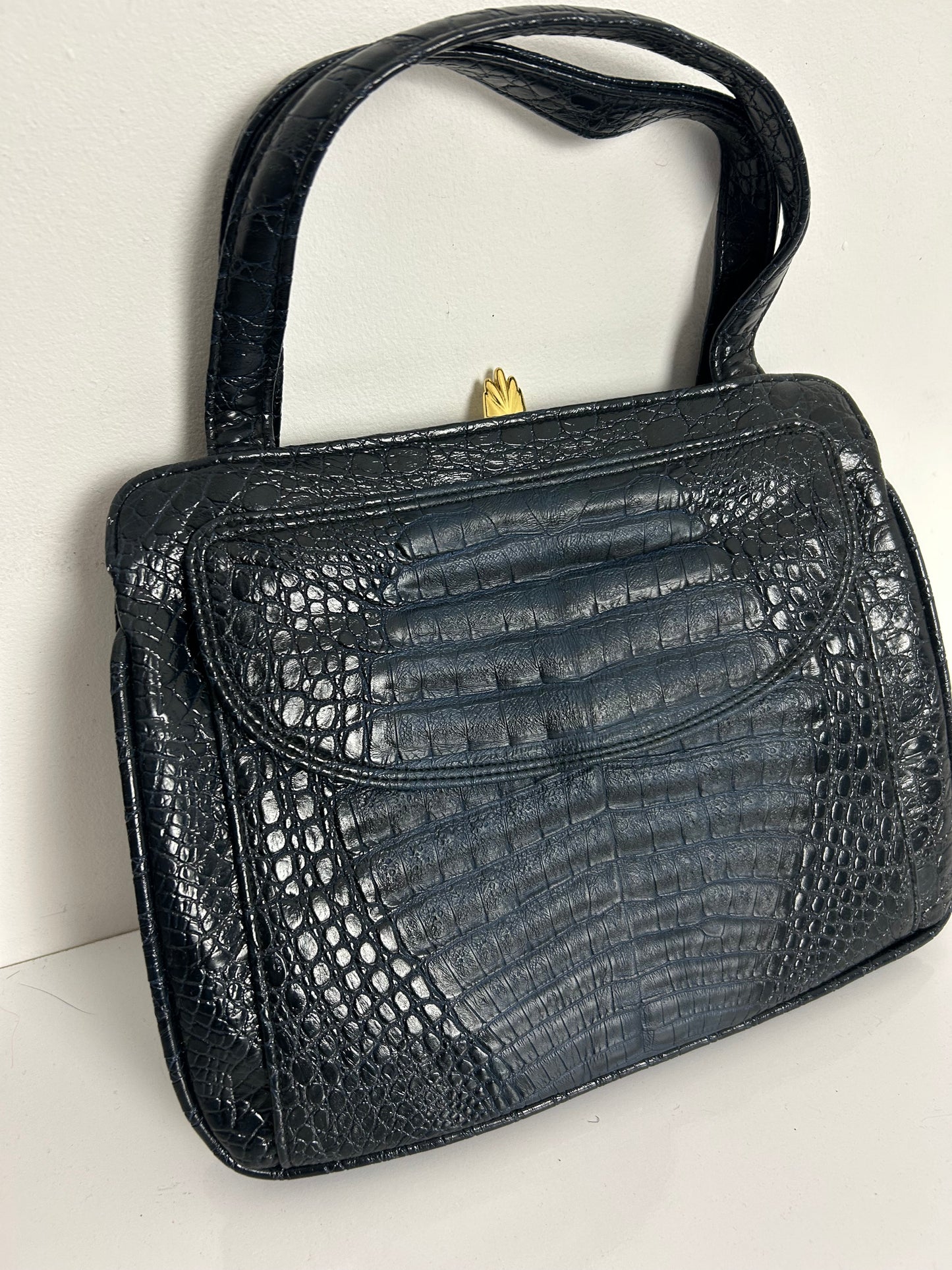 Vintage 1960s Black & Very Dark Blue Mock Croc/Alligator Vinyl Kelly Style Handbag