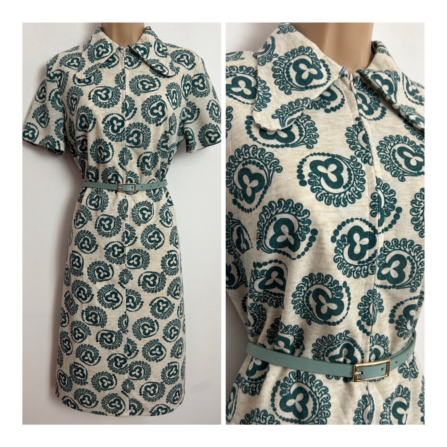 Vintage 1970s UK Size 12 Beige & Teal Abstract Print Linen Mix Belted Beagle Collar Mod Dress