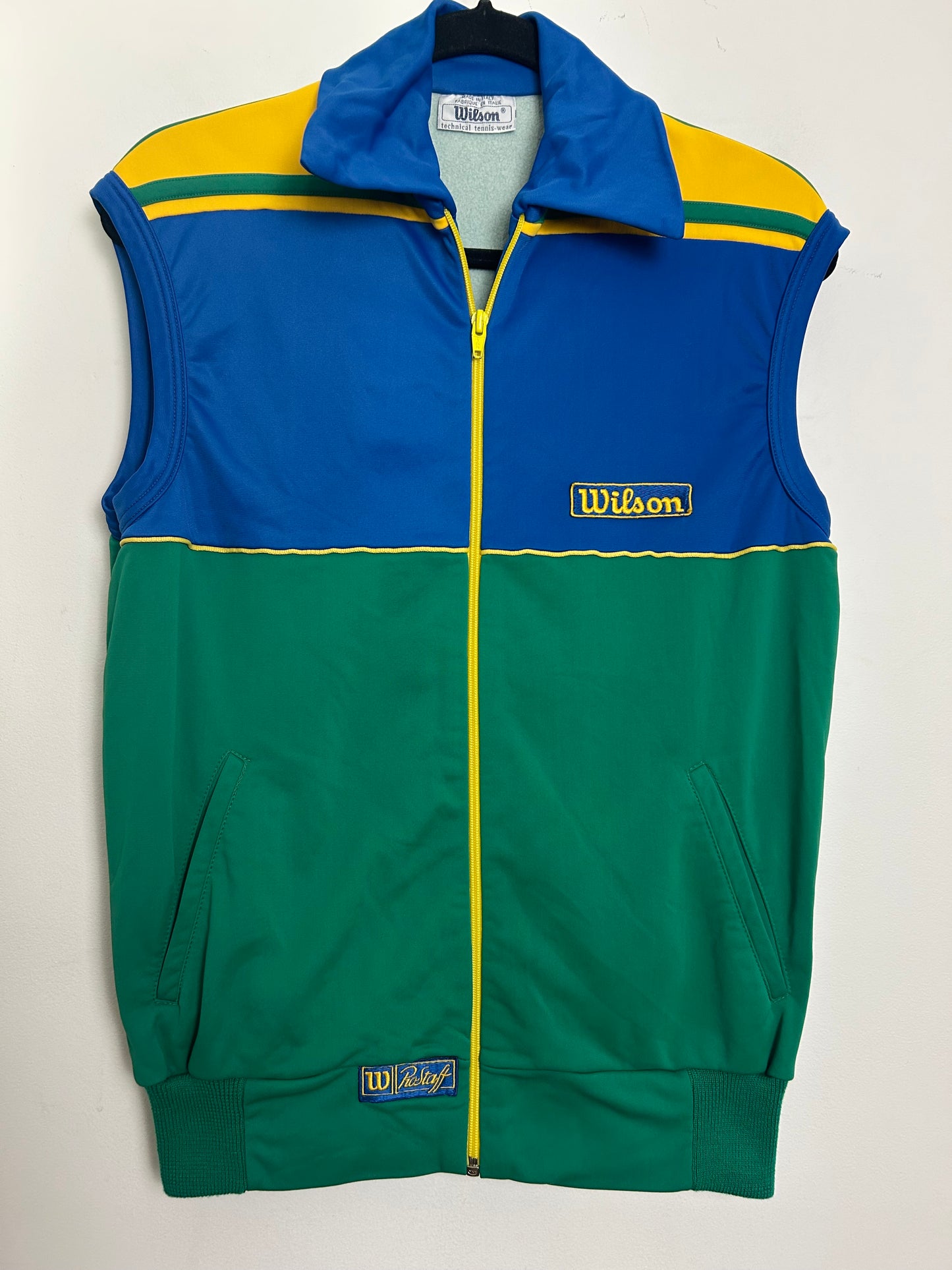 Vintage WILSON PROSTAFF Tennis-Wear Size 12 Blue Green & Yellow Retro Sleeveless Gilet Windbreaker