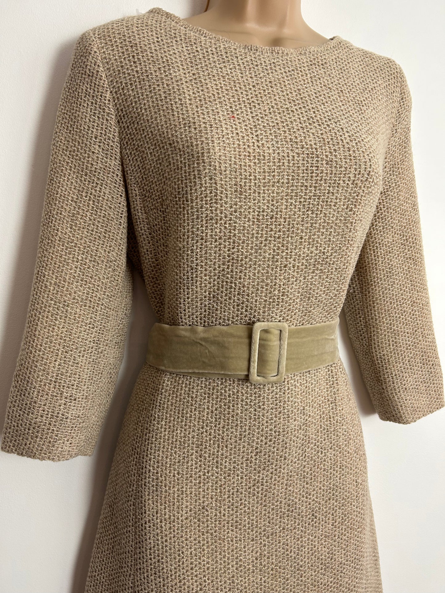 Vintage Early 1970s UK Size 12 Beige Waffle Fabric 3/4 Sleeve Velvet Belted Mod Dress