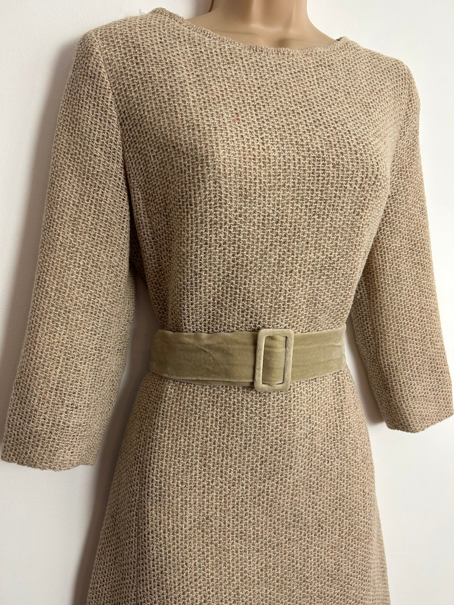 Vintage Early 1970s UK Size 12 Beige Waffle Fabric 3/4 Sleeve Velvet Belted Mod Dress