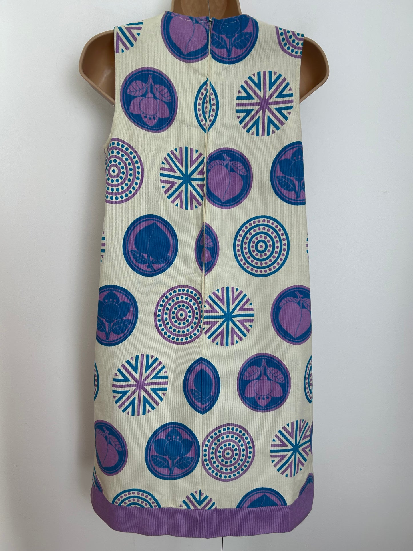 Vintage 1960s JEAN REY PARIS Size 6-8 Off White Blue & Pink Abstract Circle Print Cotton Mini Mod Shift Dress