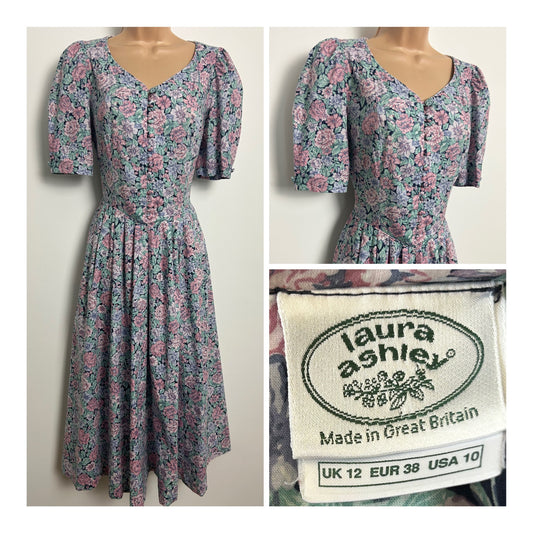 Vintage 1980s LAURA ASHLEY Size 10 (12 On Label) Blue & Pale Pink Floral Cotton Tea Dress