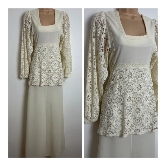 Vintage 1970s FREEMANS Size 10 Cream Lace Layered Long Sleeve Boho Occasion Maxi Dress