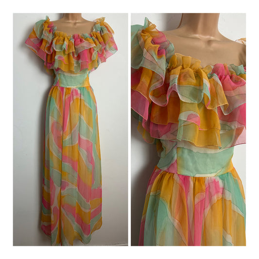 Vintage 1970s CAPPRICIO BYROTER LONDON Size 8 Orange Mint Green & Pink Ruffle Collar Summer Maxi Dress
