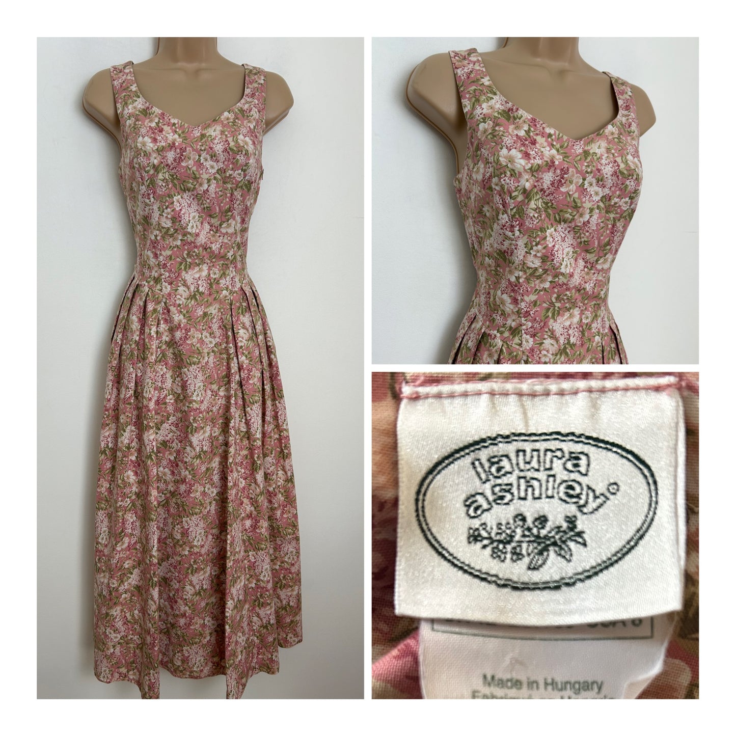Vintage 1980s LAURA ASHLEY UK Size 8 (Size 12 on label) Pale Pink Beige & Green Floral Print Pleated Midi Dress