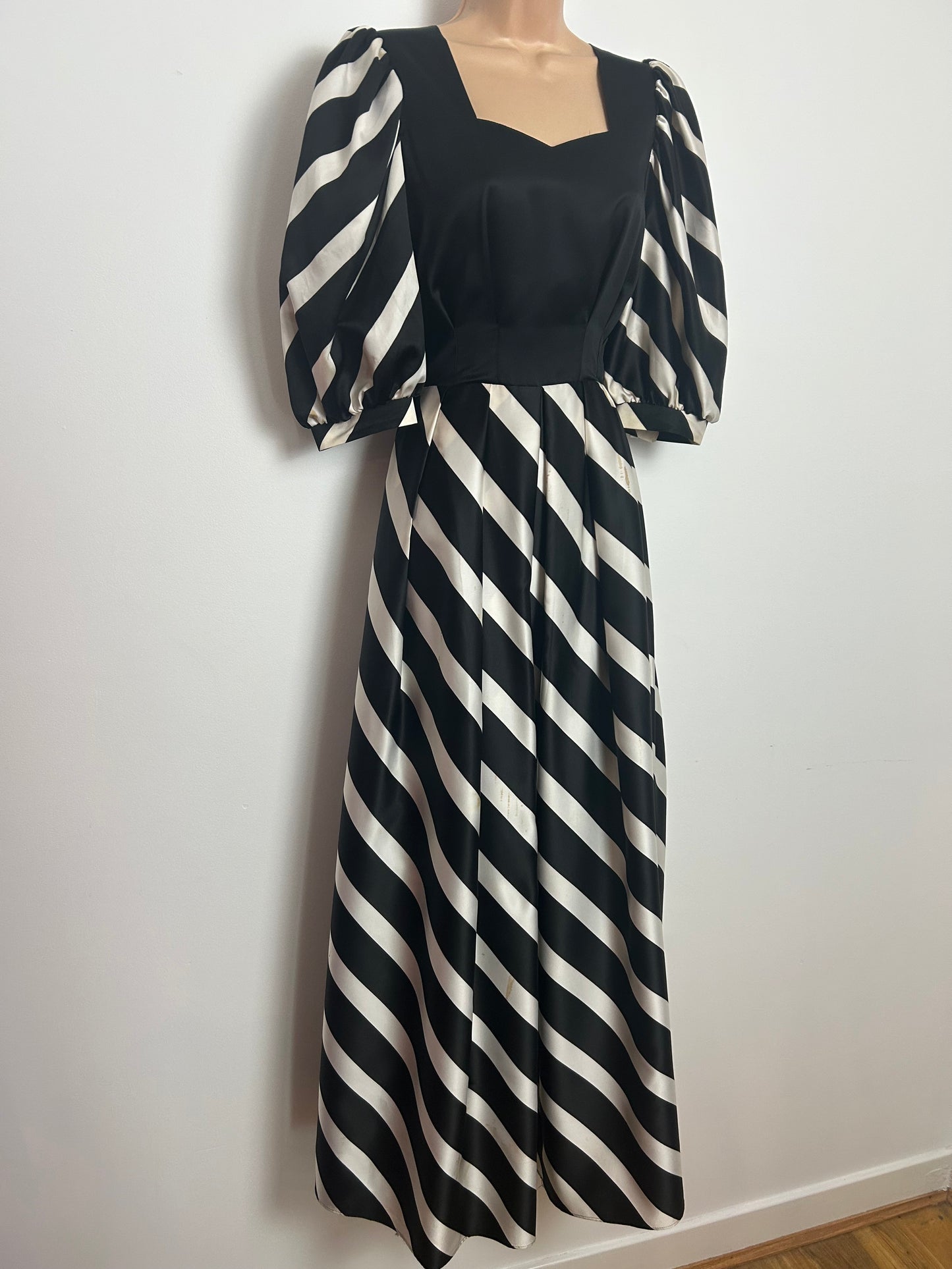 Vintage Early 1980s REBER Size 8 Black & White Stripe Mid Sleeves Occasion Maxi Dress