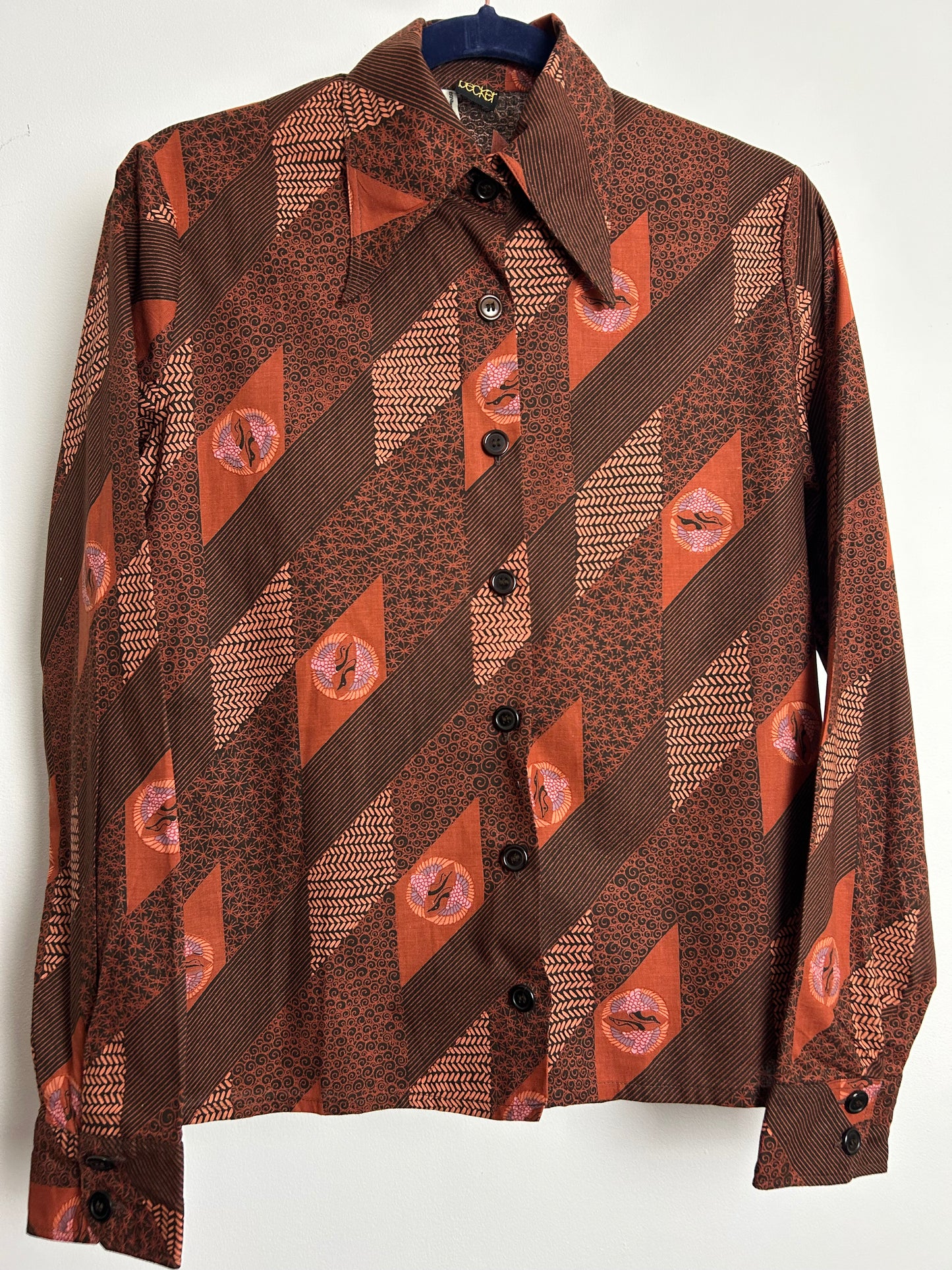 Vintage 1970s STUDIO BECKER Size 8-10 Brown Tones Abstract & Bird Print Cotton Shirt