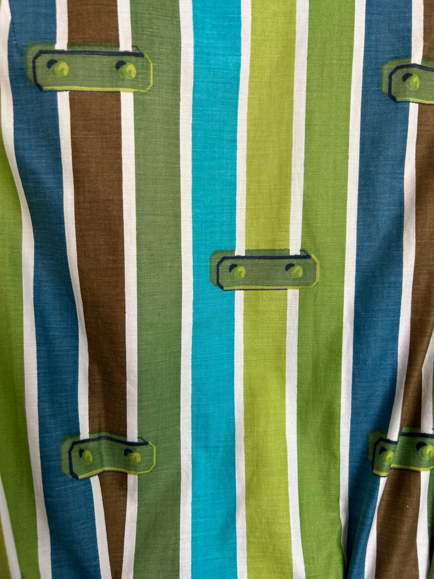 Vintage Early 1960s GLOBAL STYLED BY PARIS Size 8 Green & Brown Tones Stripe Print Cotton Fitted Day Dress