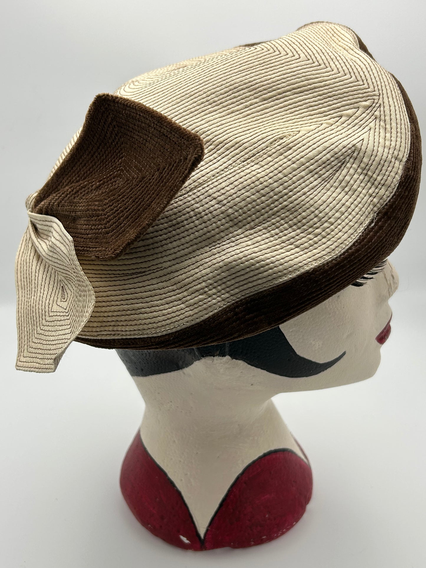 Vintage 1960s Made By Gina Davies London Beige & Brown Silk & Velvet Pill Box Hat