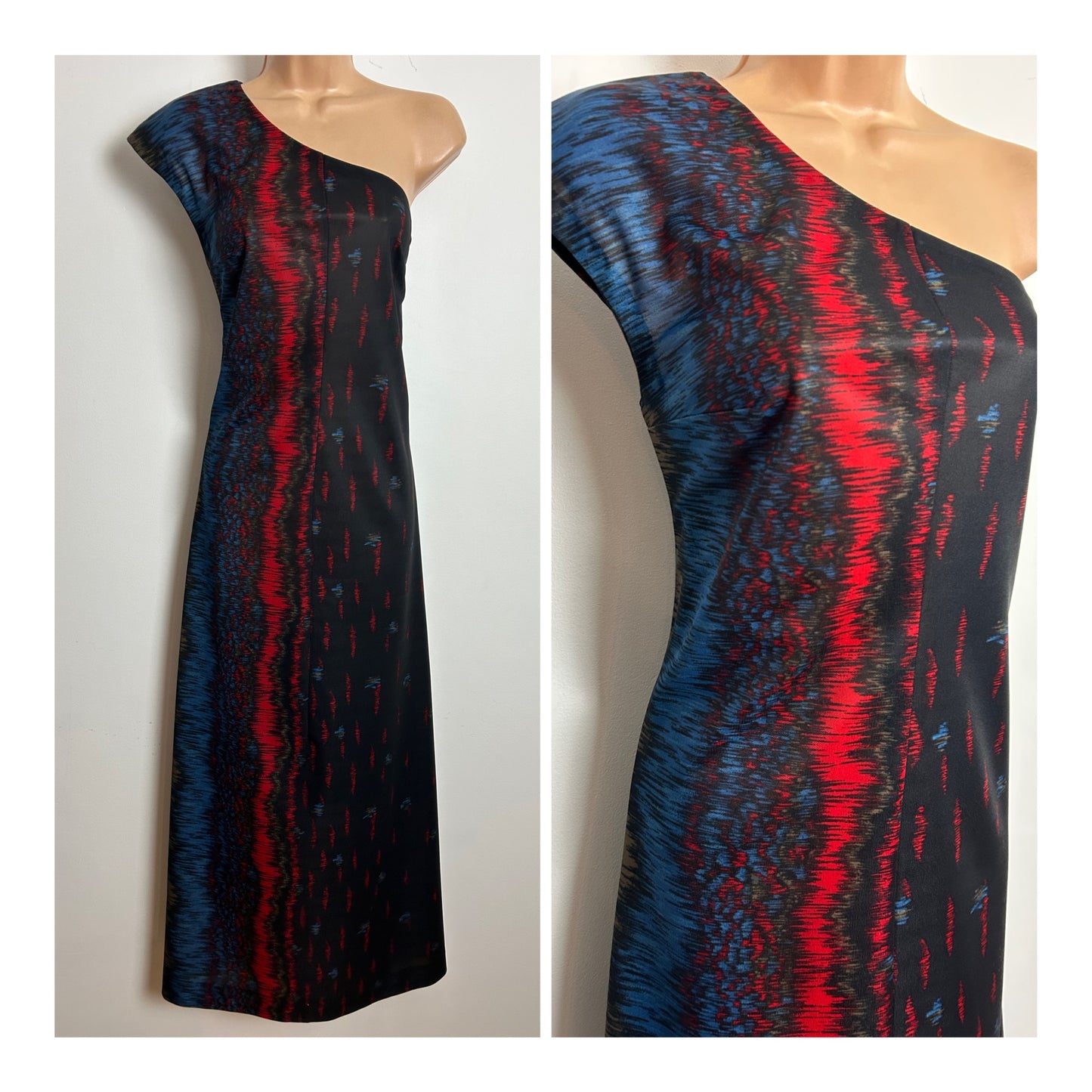 Vintage 1970s Size 8 Black Red Blue & Brown Abstract Stripe Print One Shoulder Column Maxi Dress