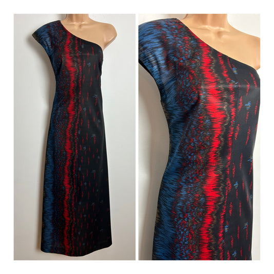 Vintage 1970s Size 8 Black Red Blue & Brown Abstract Stripe Print One Shoulder Column Maxi Dress