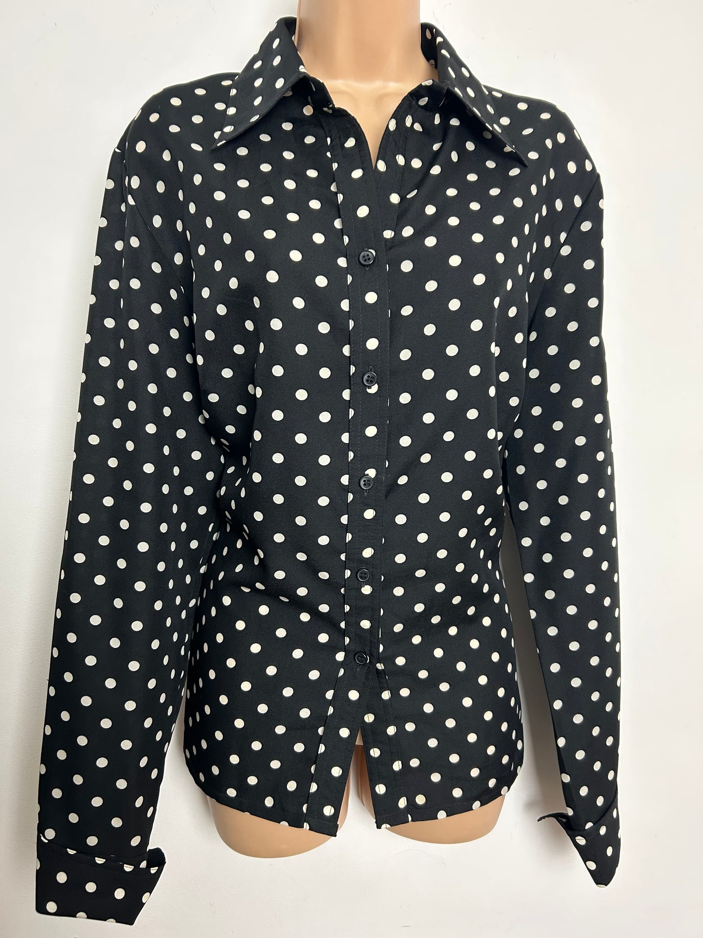 Vintage Early 1980s MARIANNE PARIS Size 16 Black & White Polka Dot Shirt