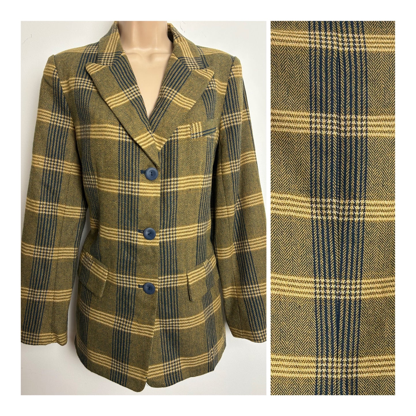 Vintage 1990s DANIEL RAINN Size S (10-12) Dark Beige & Navy Blue Check Print Wool Mix Blazer