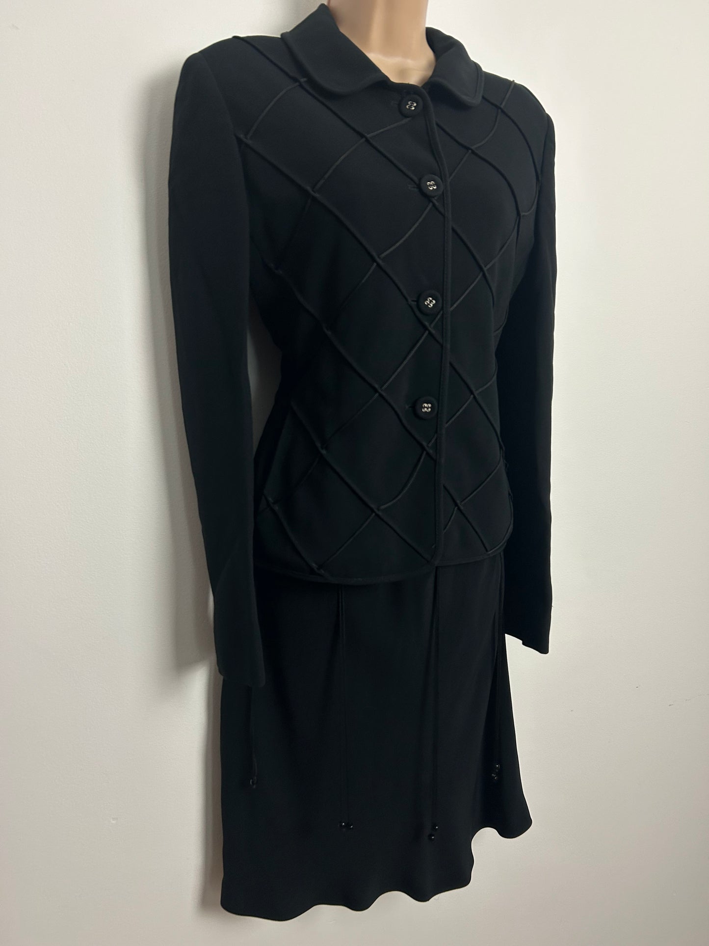 Vintage Late 1990s MOSCHINO CHEAP & CHIC Size 10 Black Lattice String Detail Little Black Dress & Matching Jacket Suit