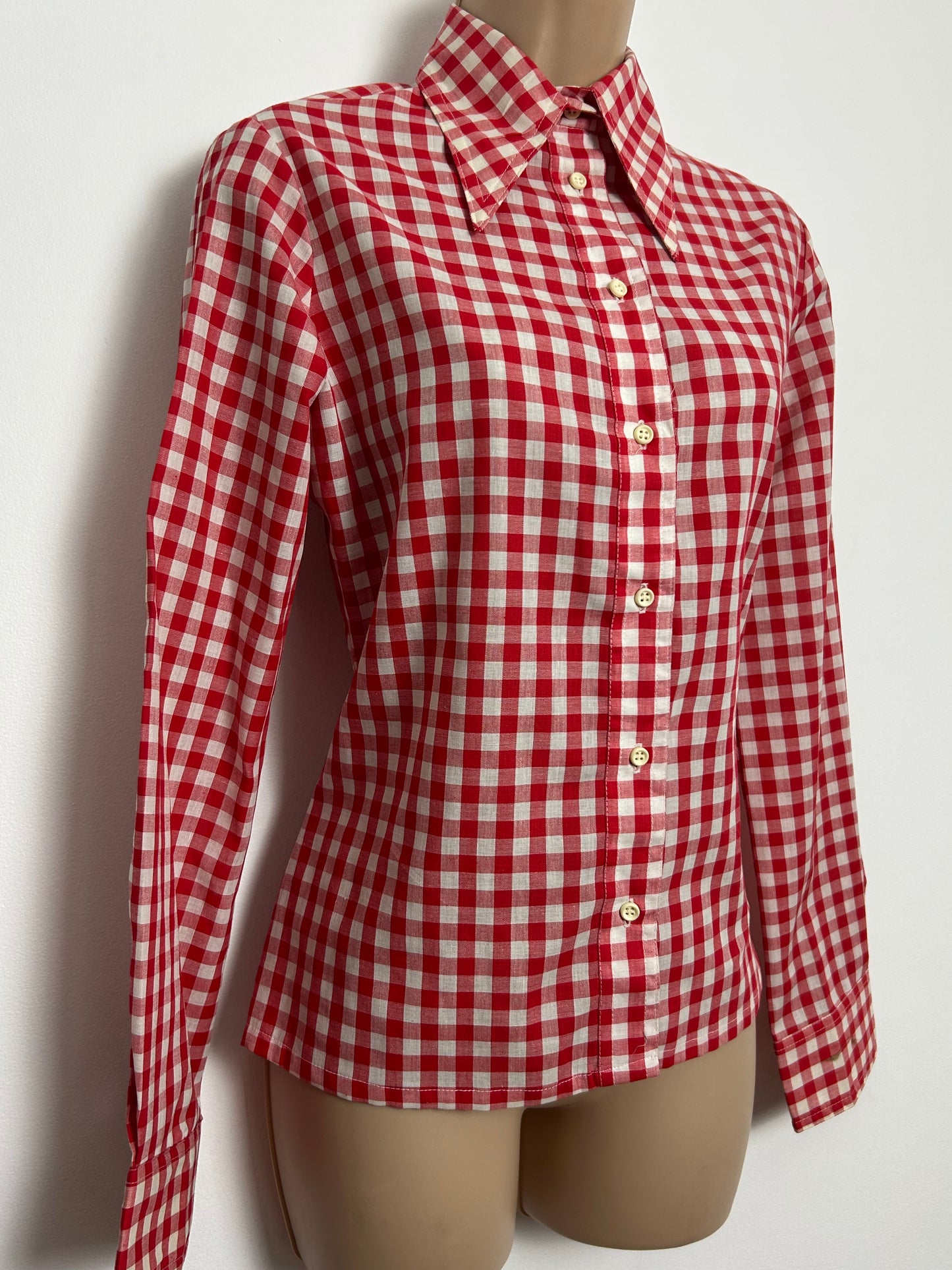 Vintage 1970s Size 12 Red & White Gingham Check Dagger Collar Cotton Shirt