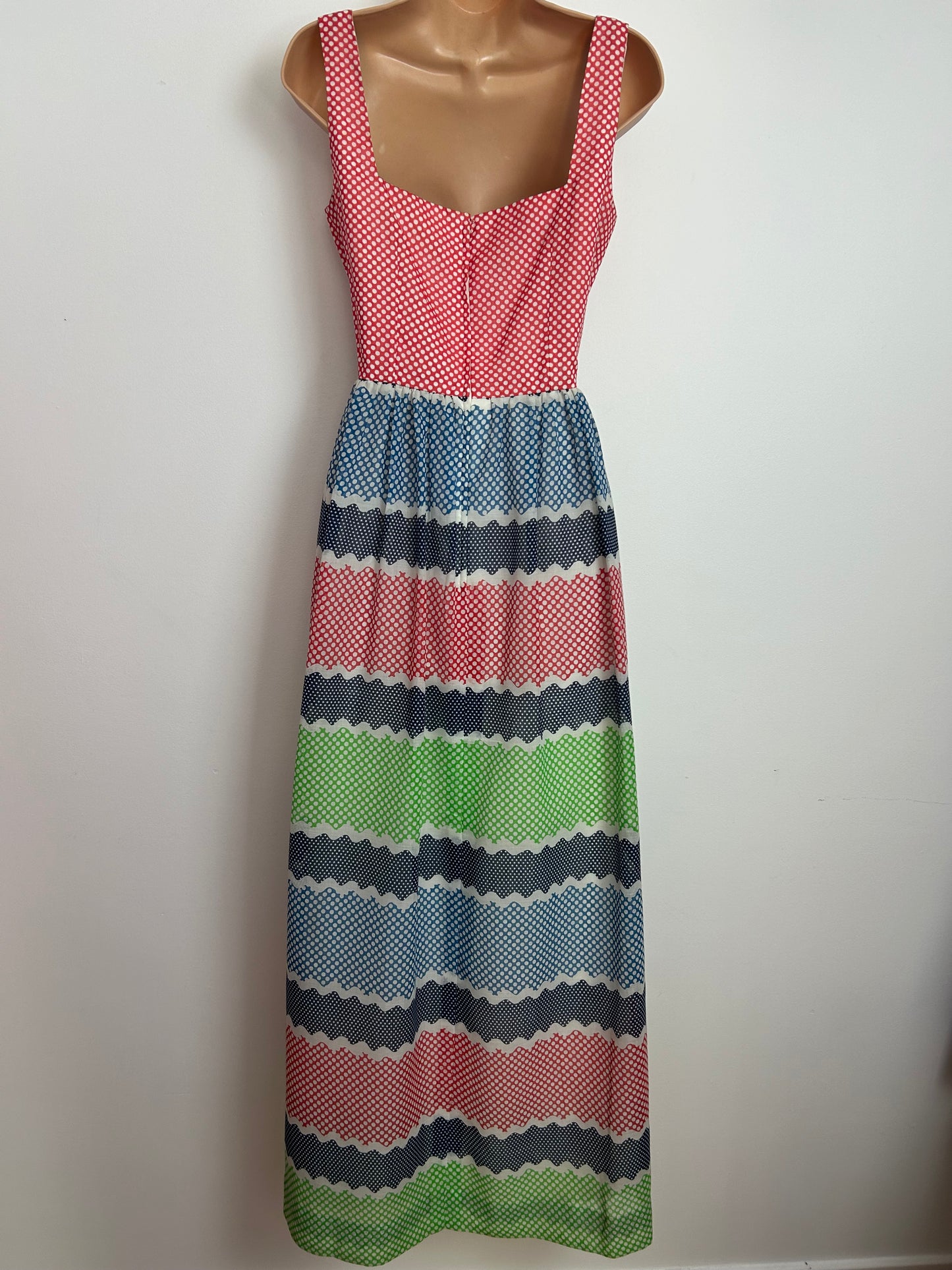 Vintage 1970s ROTER COUTURE Size 10 Red Blue Green & White Polka Dot Cotton Mix Summer Maxi Dress