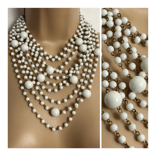Vintage 1960s White Plastic Bead Ten Strand Statement Necklace (Hong Kong)