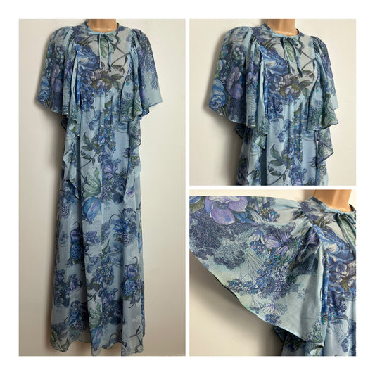 Vintage 1970s Size 10 Pretty Blue Tones Floral Print Cotton Short Flutter Sleeve Cotton Boho Maxi Dress