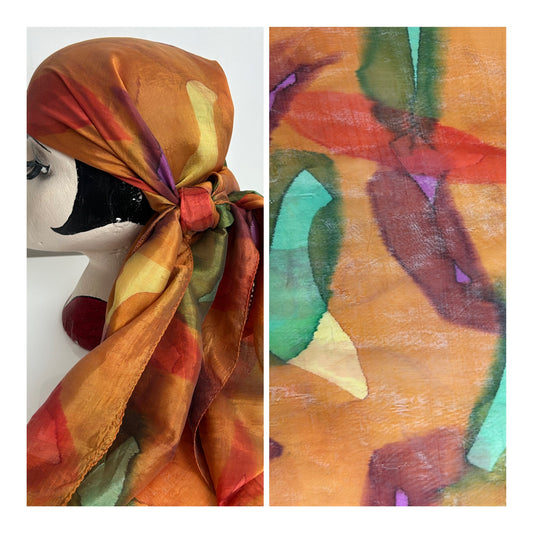 Vintage Orange Green Purple & Red Abstract Print Silky Chiffon Large Scarf 100cm x 92cm