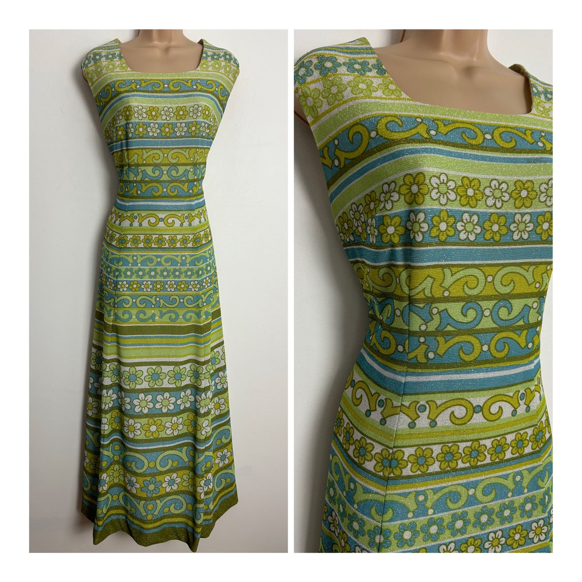 Vintage 1970s LADIES PRIDE UK Size 12-14 Green & Blue Abstract Floral &  Stripe Print Lurex Occasion Maxi Dress