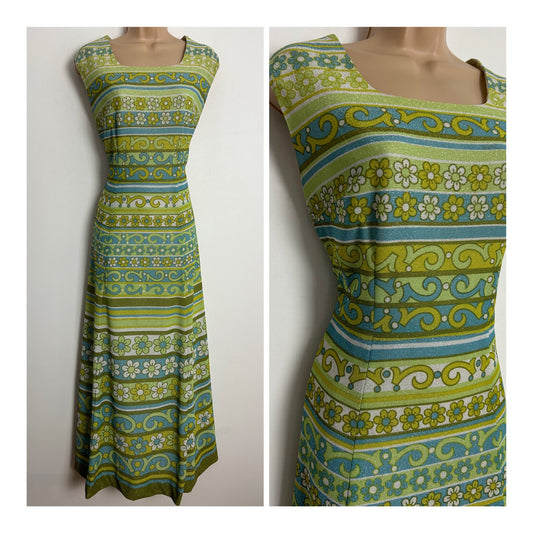 Vintage 1970s LADIES PRIDE UK Size 12-14 Green & Blue Abstract Floral & Stripe Print Lurex Occasion Maxi Dress