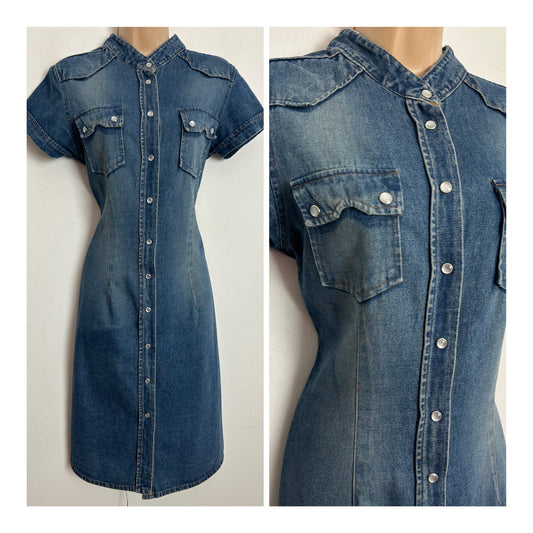Vintage 1990s TRUE FASHION UK Size 10 Blue Denim Short Sleeve 70s STYLE Shift Dress