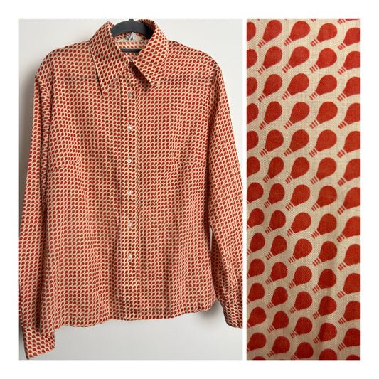 Vintage 1970s JC PENNEY Size 14 Beige & Terracotta Lightbulb Novelty Print Long Sleeve Cotton Mix Shirt