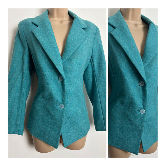 Vintage 1980s Size 14 Turquoise Wool Blend Fully Lined Blazer