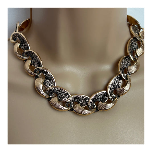 Vintage Gold Tone & Black Detail Patterned Panelled Choker Necklace