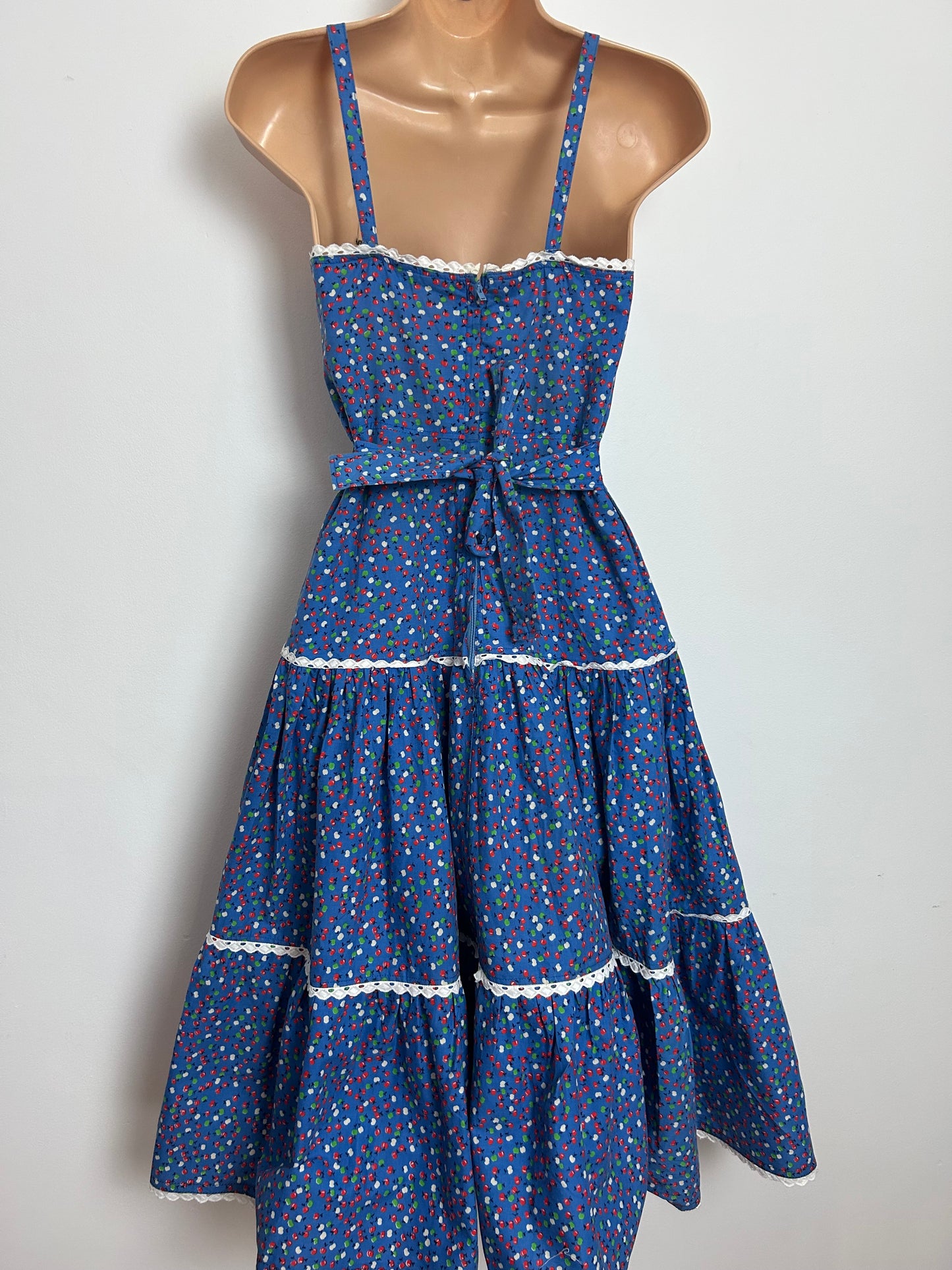Vintage 1970s DOLLY DOLLY Size 4-6 Blue Green Red & White Apple Print Lace Up Belted Summer Dress