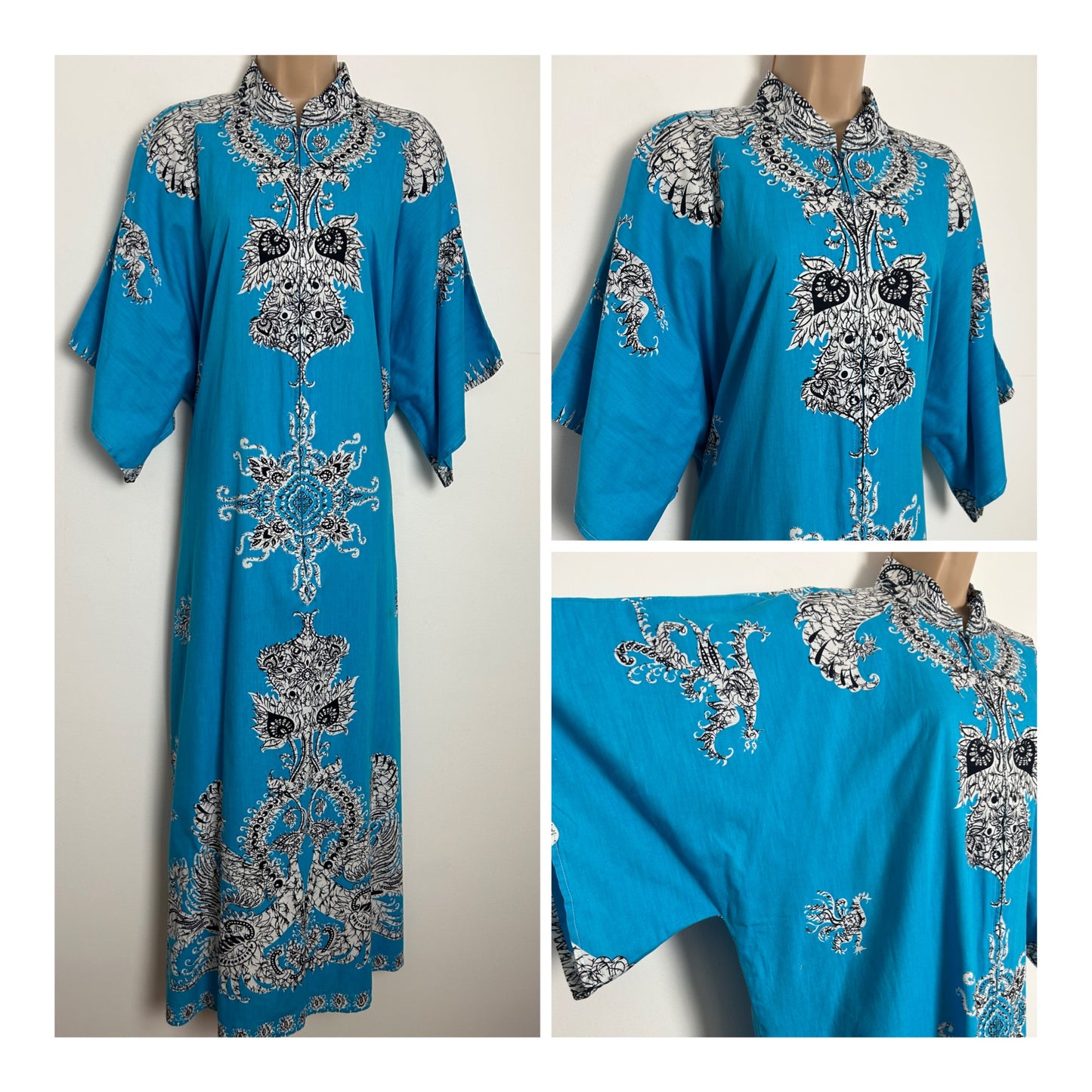 Vintage 1970s One Size Turquoise White & Black Batik Print Zip Front Cotton Kaftan
