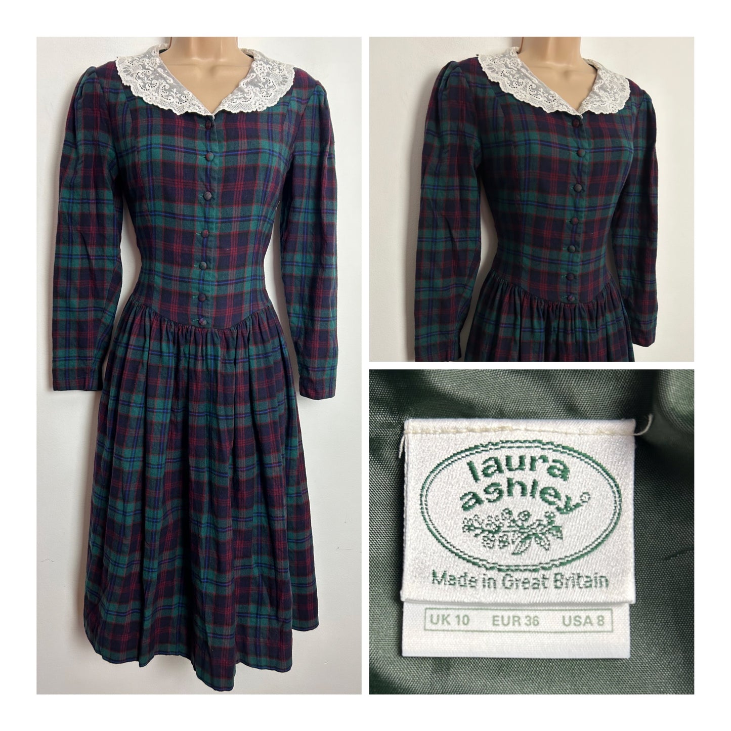 Vintage 1980s Laura Ashley UK Size 6-8 (10 On Label) Wool Mix Green Navy & Red Tartan Check Print Lace Collar Midi Dress