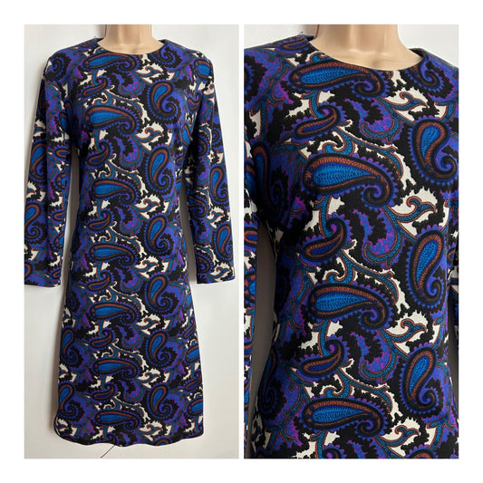 Vintage 1960s FULTON UK Size 12-14 Black Blue & Dark Pink Paisley Print Long Sleeve Mod Shift Dress