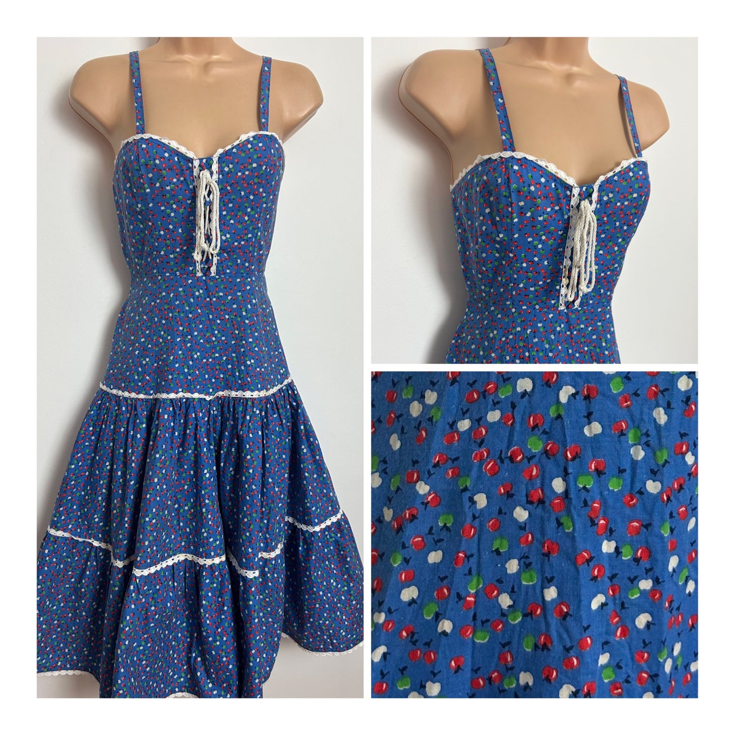 Vintage 1970s DOLLY DOLLY Size 4-6 Blue Green Red & White Apple Print Lace Up Belted Summer Dress