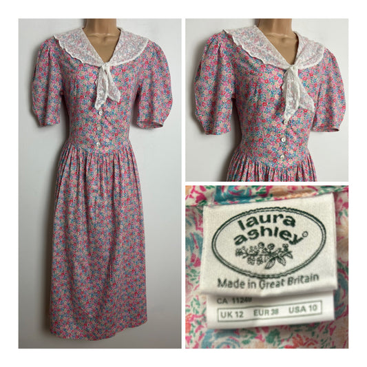 Vintage 1980s LAURA ASHLEY Size 8 (12 on label) Pink & Blue Floral Print Lace Tie Collar Midi Dress