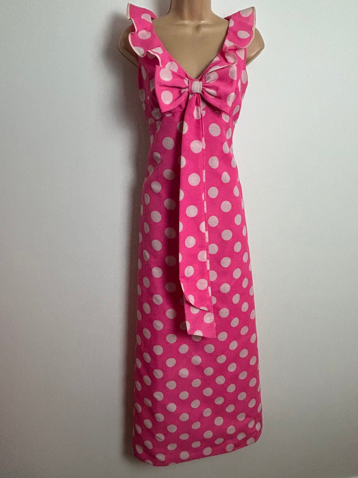 Vintage Early 1970s Size 8 Candy Pink & White Spot Print Ruffle & Bow Detail Sleeveless Maxi Dress