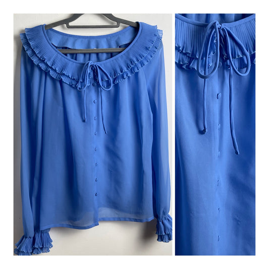 Vintage 1970s UK Size 12 Blue Pleated Ruffle Trim Tie Neck Chiffon Long Sleeve Pleated Cuff Blouse