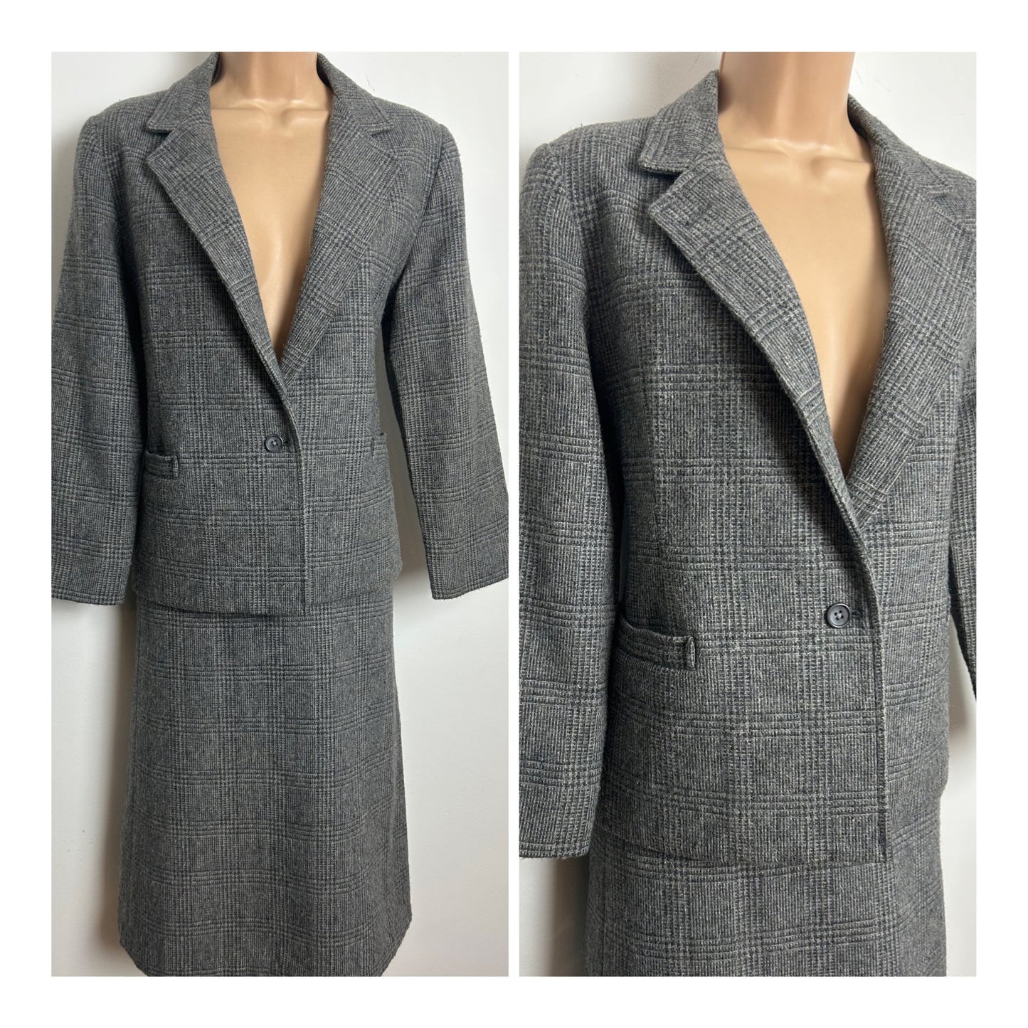Vintage 1970s POLLY PECK BY SYBIL ZELKER Size 8 Grey Check Wool Mix 2 Piece Skirt Suit
